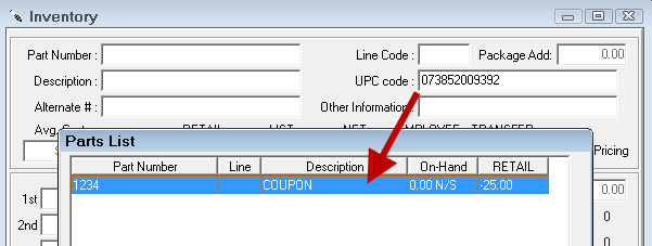 The UPC code on an inventory record pointing to the Parts List window showing the results.