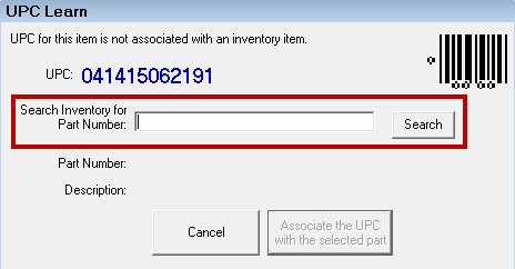 The UPC Learn window with the Search Inventory for Part Number field circled.