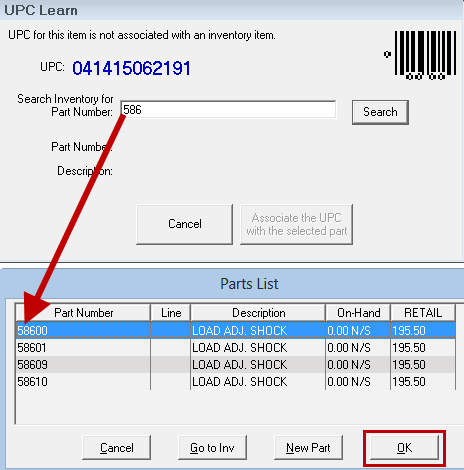 The Parts List results from a search on the UPC Learn window.