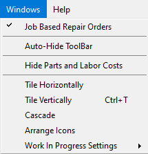 The Windows menu expanded with Job Based Repair Orders checked.