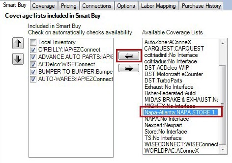 The new NAPA supplier:coverage and left arrow button circled.