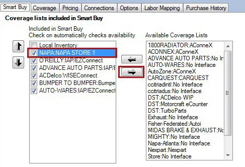 The old NAPA supplier:coverage and right arrow button circled.