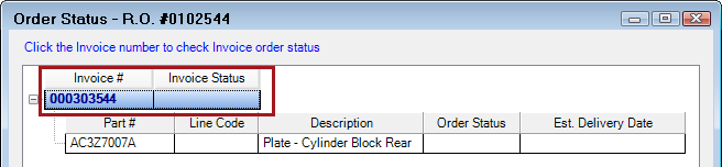 The Order Status window showing a part on order with a dealer.