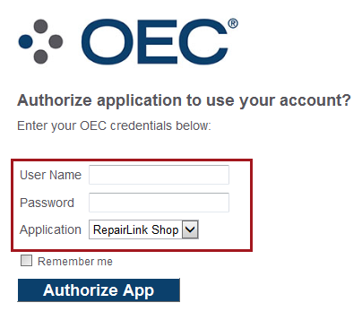 The login screen for OEC on the Catalog tab of Smart eCat.