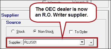 The Editing Part window showing the OEC dealer as the Supplier.