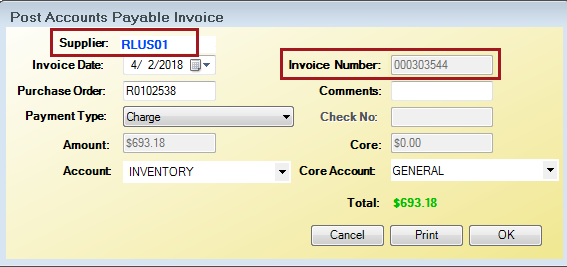 The Post Accounts Payable Invoice window with the Invoice Number field inactive.