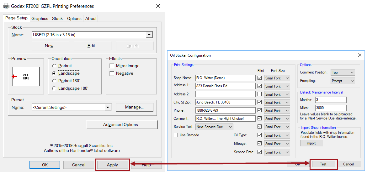 Godex printer settings with Apply button circled pointing to the Test button circled.