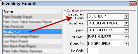 the Department Group dropdown list showing the oil department selected.