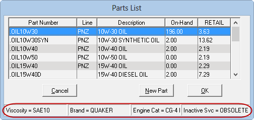 oil information for an oil part circled at the bottom of the parts list.