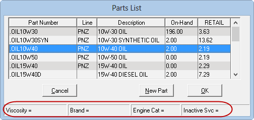 oil information blank for a non-oil part circled at the bottom of the parts list.