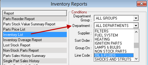 the Department dropdown list showing the oil department selected.