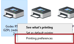 Printing Properties circled on the right-click menu of the oil sticker printer.