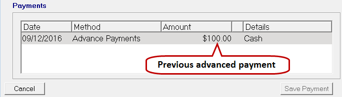 The Payments section showing a previous advanced payment.
