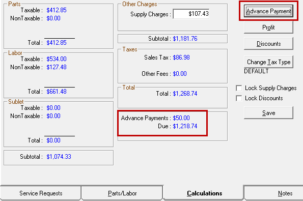 The Advanced Payments area circled on the Calculations tab.