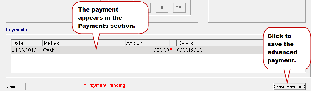 The payment in the Payments section. Click Save Payment.