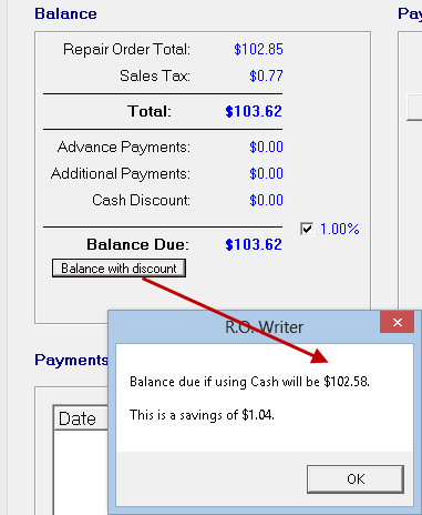 The Balance Due popup window opened from the Balance with Discount button.