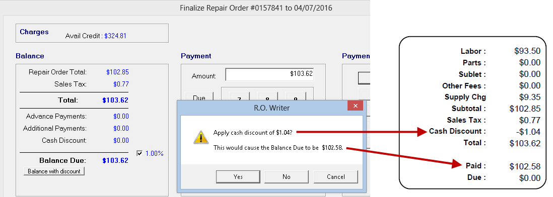 Cash discounts on the finalize window side by side with the totals area of the printed invoice to the customer. 