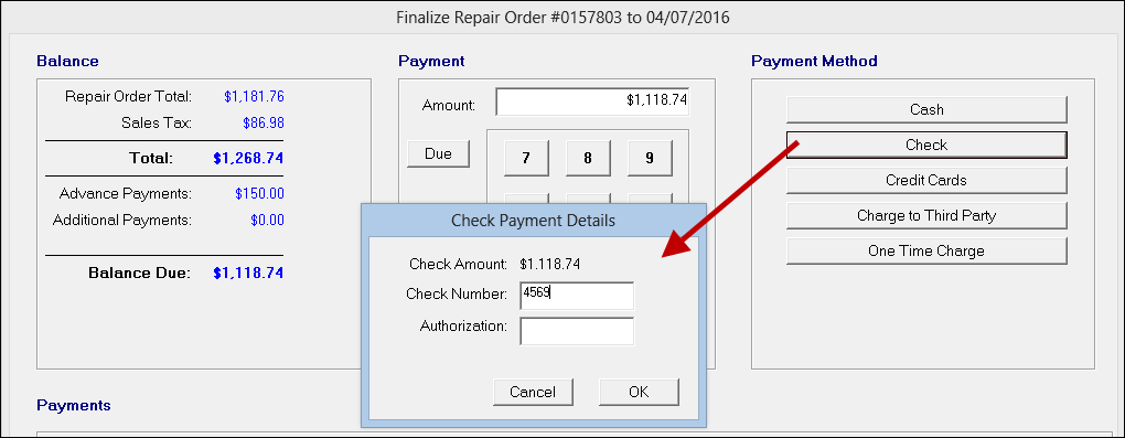 The Check Payment Details window open over the finalize window.