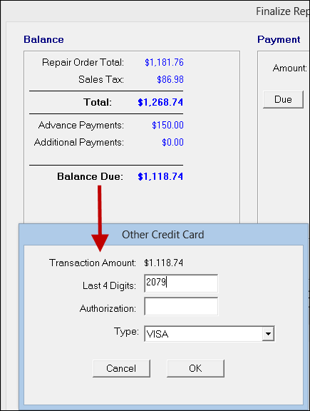 the Other Credit Card window opened over the finalize payment window.