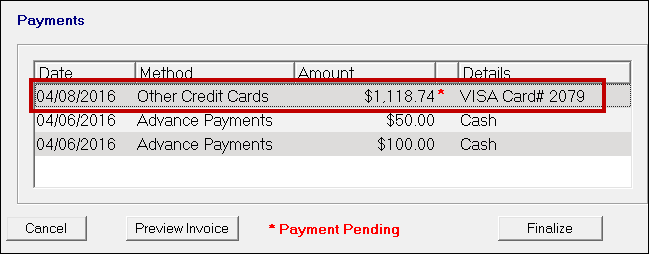 The Payments area showing an other credit card payment.