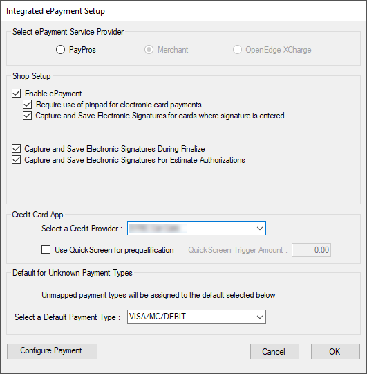 The Electronic Payment Setup window.