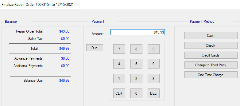 The top of the finalize payment window.