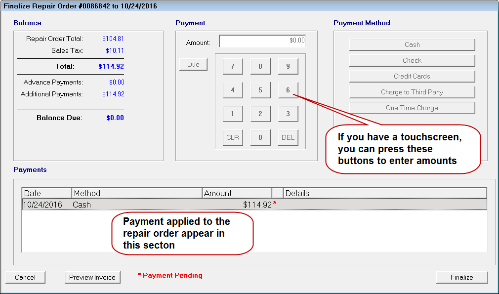 The Finalize window with payments already applied to the repair order in the Payments section.