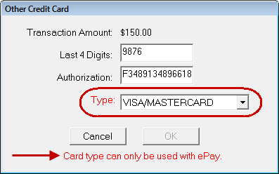 The Other Credit card window with the Type field in red.