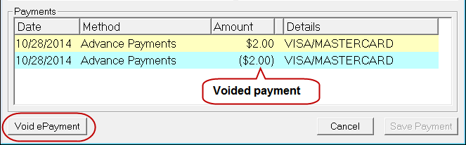 A voided payment in the Payments section of the finalize window.