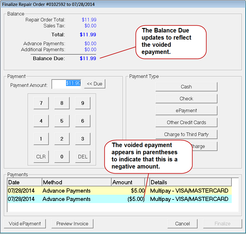 The finalize window showing the voided payment and the balance due updated as a result.