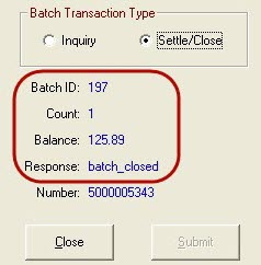The batch transaction window with Settle/Close selected.