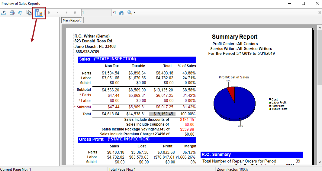 A report in the print preview window with the Toggle Group Tree window circled in the toolbar.