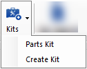 The kits button and dropdown list from it in the ticket toolbar.