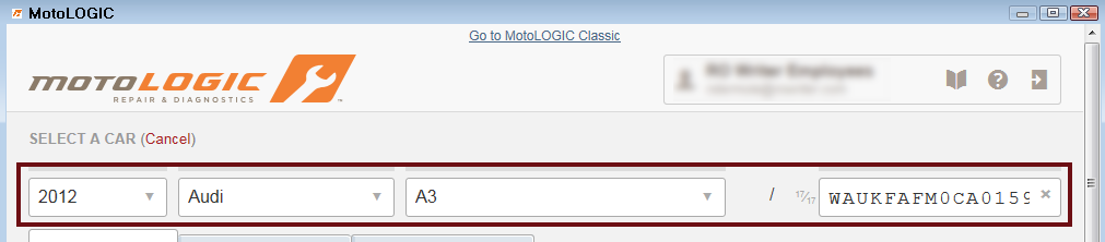 The vehicle information from an open ticket displayed on the motologic window, including the VIN number.