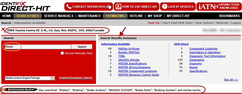 The Identifix window with the vehicle from the ticket selected and the keyword search results displayed.