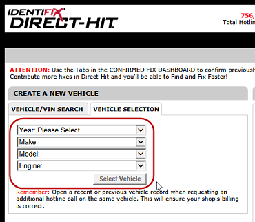 The Identifix window showing you logged into your account and the vehicle selection details circled.