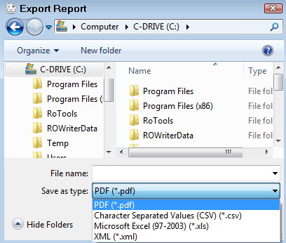 The Export Report window with the Save As Type dropdown list expanded.