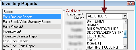 The Inventory Reports window with the Department Group dropdown list expanded.