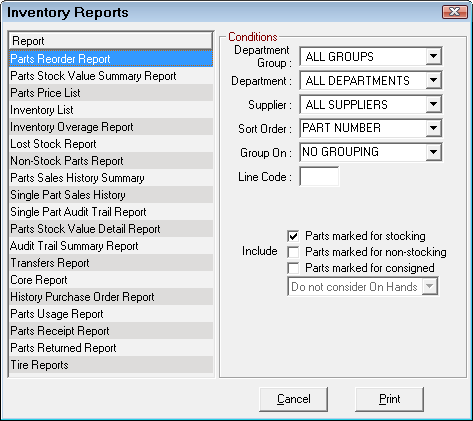 The Inventory Reports window.