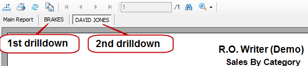 Tabs in the drilldown toolbar on the print preview window for reports where you can drilldown.