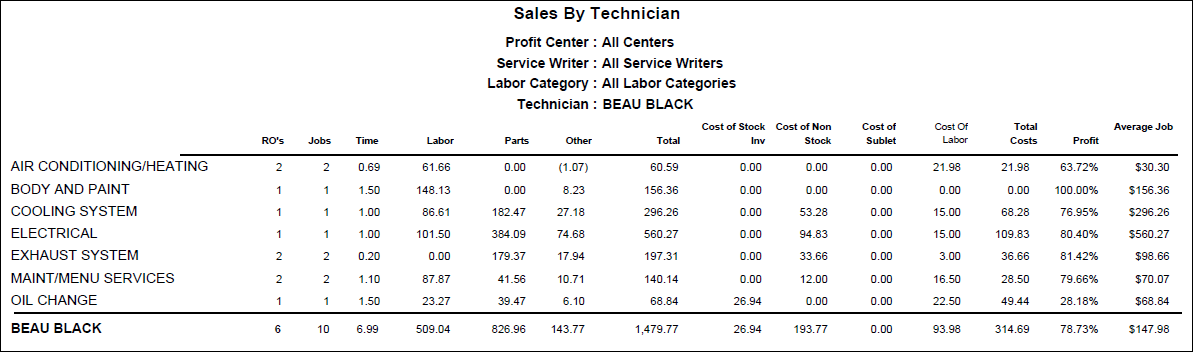 The Sales by Technician report for one technician showing all labor categories.