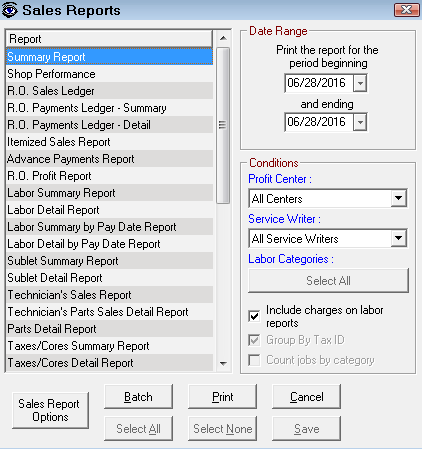 The Sales Reports window showing all sales reports and report criteria.