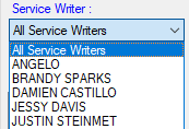 The service writer dropdown list expanded.