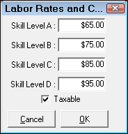The skill level window for labor rates in R.O. Writer Configuration.