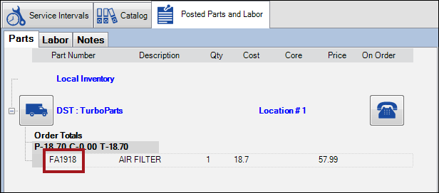 The Parts tab showing a catalog part with the part number circled.