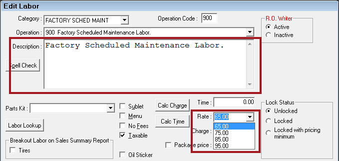 The default labor operation with the Description and labor rate circled.