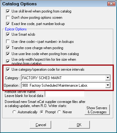 The Catalog Options configuration window with the use category and option for service intervals section completed and circled.