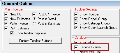 Service Intervals option selected on the General Options window.