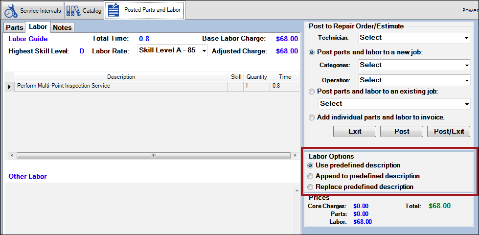The Labor Options circled in the right column of the Posted Parts and Labor tab.