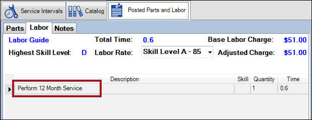 The Labor tab with the top-level labor line of the service listed as the labor.